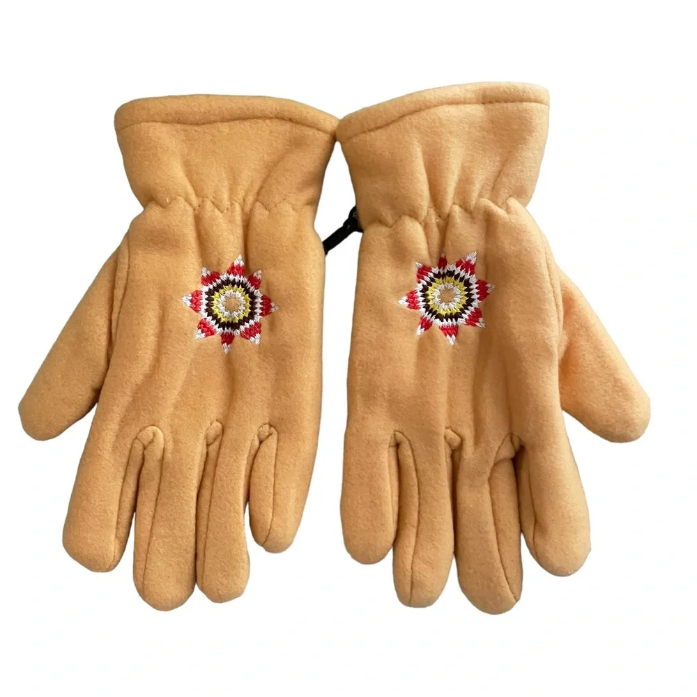 Women's Fleece Winter Gloves Lined Chamois Yellow with Embroidered Star Motif